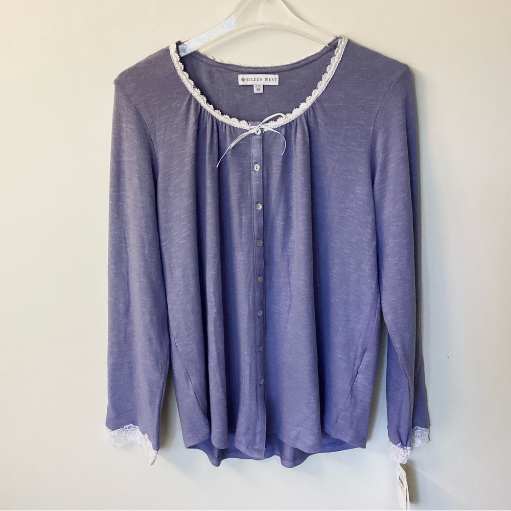 NWT Eileen West Long Sleeve Button Front Lace Trim Pajama Top - Blueberry - M